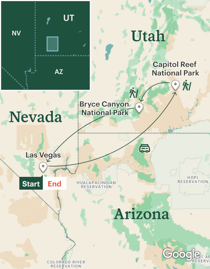 Itinerary map for Bryce Canyon and Capitol Reef Hiking Adventure