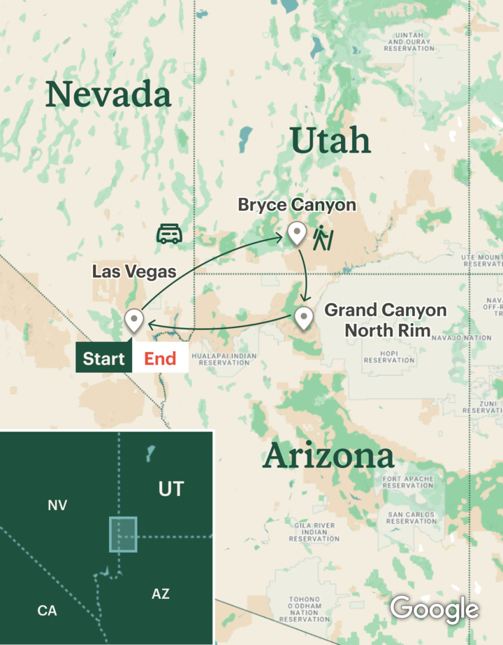 Itinerary map for Bryce Canyon & Grand Canyon Hiking Adventure