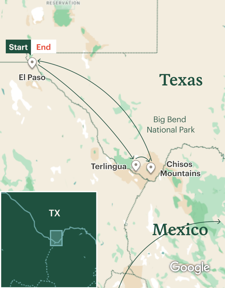 Itinerary map for Texas Hiking - Big Bend National Park & Beyond - Lodge Based