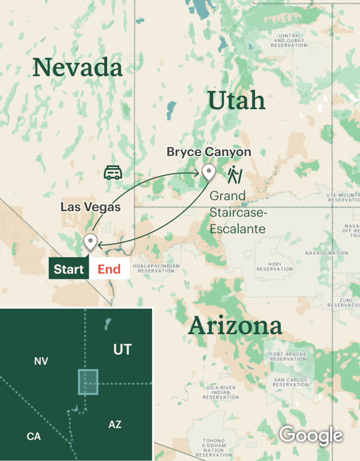 Itinerary map for Bryce Canyon Easy-Active Hiking and Camping