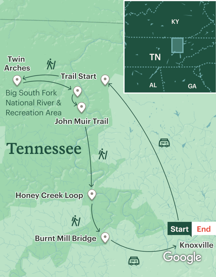 Itinerary map for Big South Fork  Backpacking - John Muir Trail of Tennessee