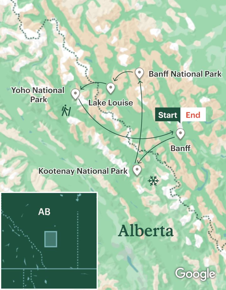 Itinerary map for Banff & Beyond Winter Adventure - Lodge Based