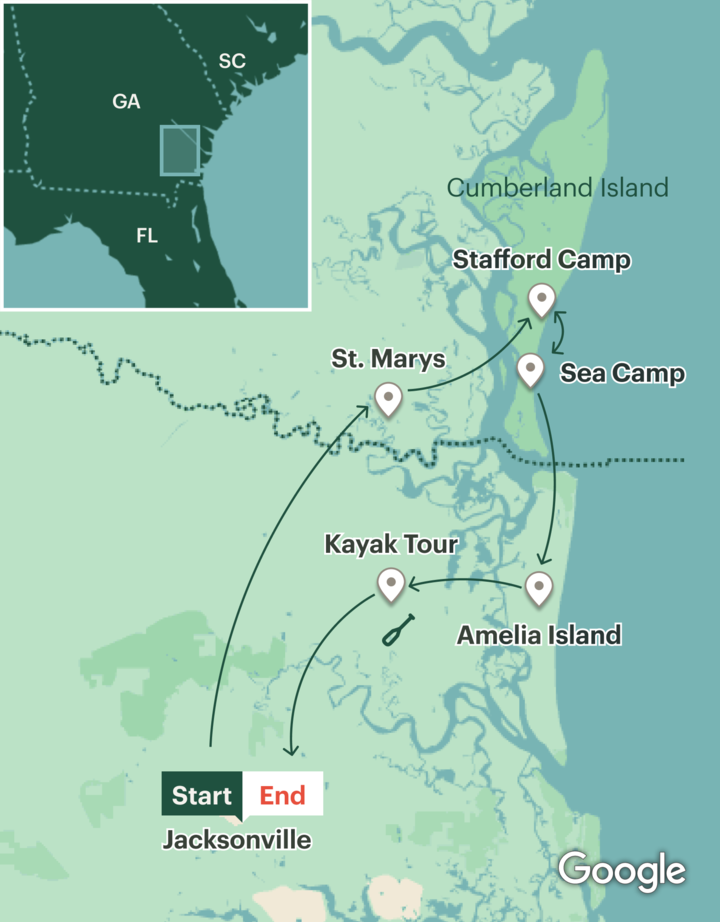 Itinerary map for Cumberland Island National Seashore Backpacking & Kayaking