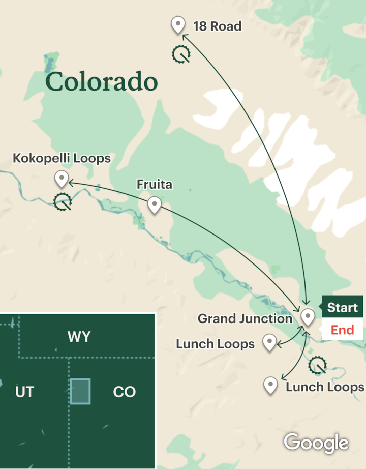 Itinerary map for Colorado Mountain Biking - Grand Junction & Fruita - Lodge Based Tour