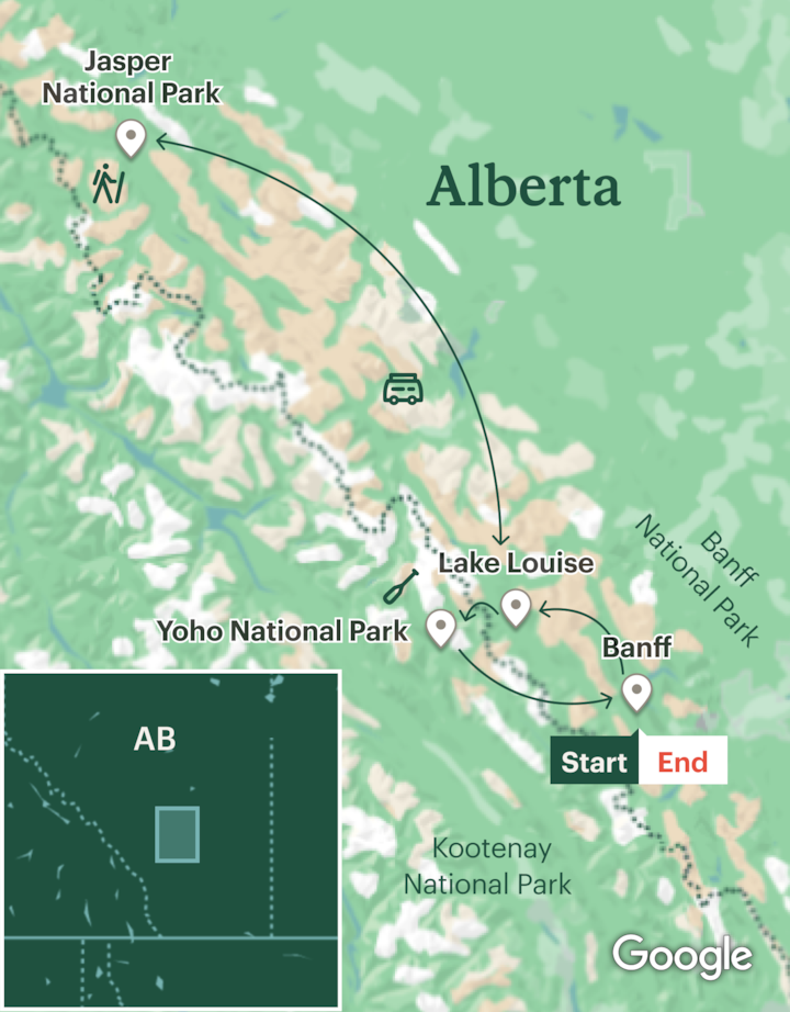 Itinerary map for Canadian Rockies Hiking & Camping