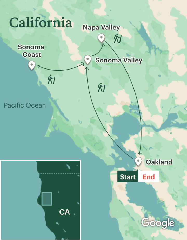 Itinerary map for California Wine Country Hiking: Napa & Sonoma - Lodge Based