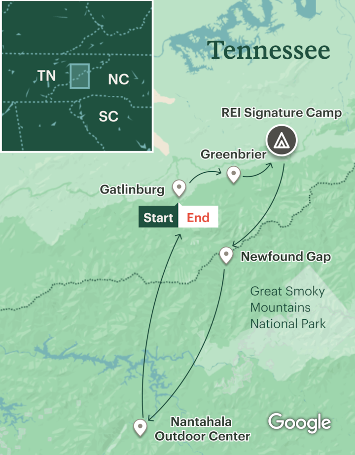 Itinerary map for Great Smoky Mountains Family Adventure