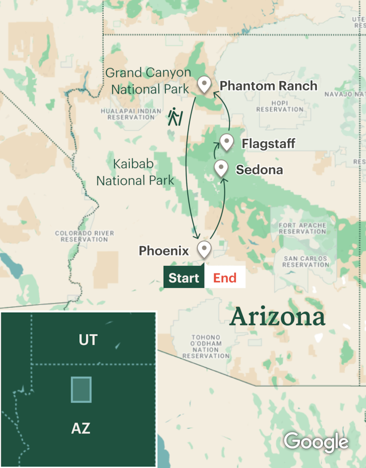 Itinerary map for Grand Canyon Phantom Ranch Rim-to-Rim Hiking - 5 Day