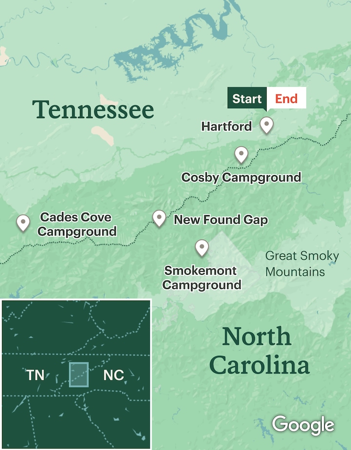 Itinerary map for Great Smoky Mountains Women's Adventure