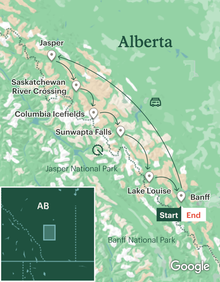 Itinerary map for Canadian Rockies Cycling Banff to Jasper - Lodge Based