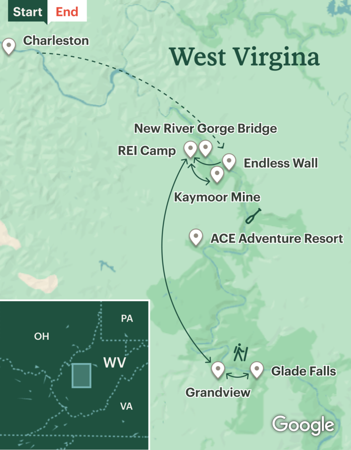 Itinerary map for New River Gorge National Park Hiking & Camping