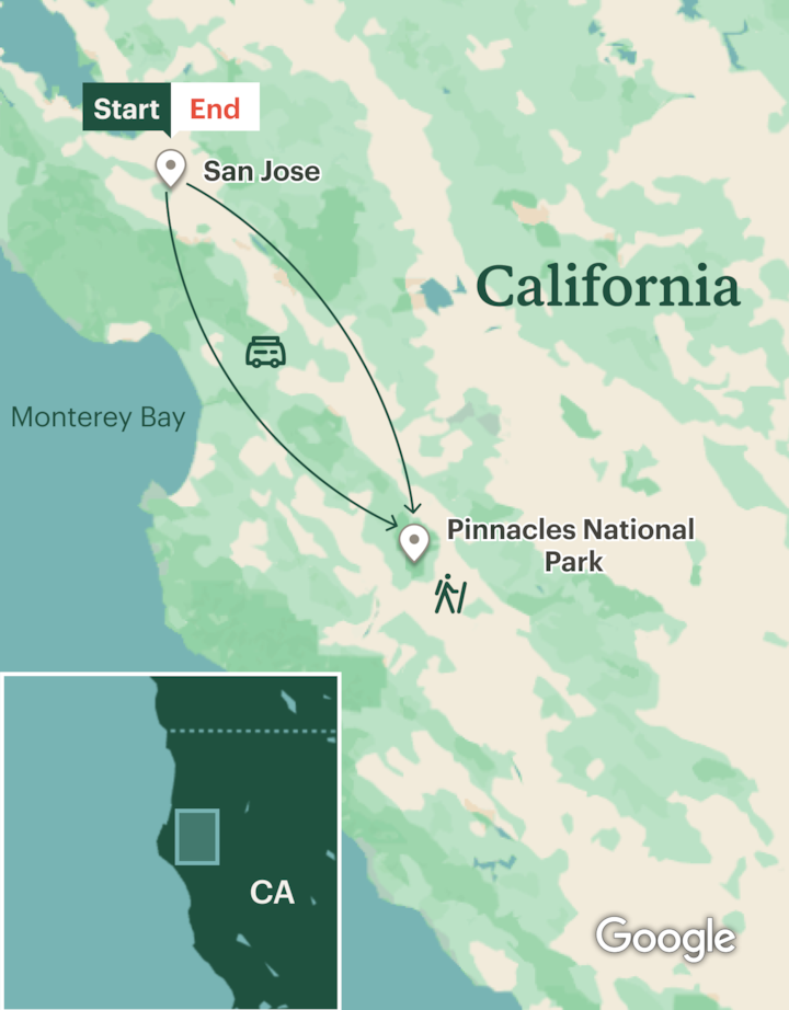 Itinerary map for Pinnacles National Park Women's Hiking & Camping