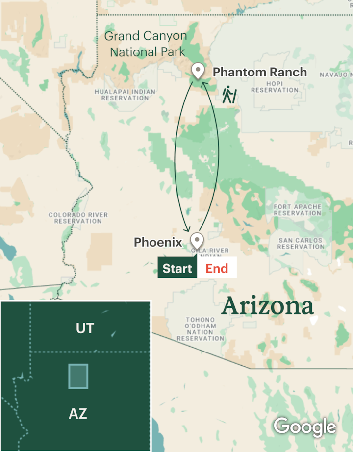 Itinerary map for Grand Canyon Phantom Ranch Weekend - 4 Day