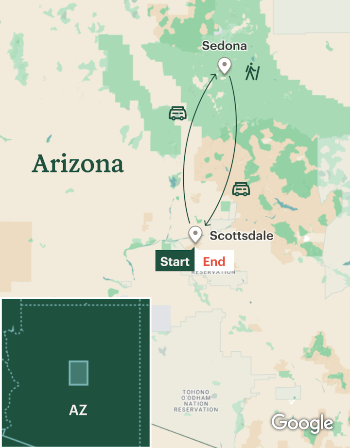 Itinerary map for Arizona Hiking Sedona Women's Adventure - Lodge Based