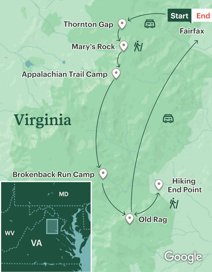 Itinerary map for Shenandoah National Park Backpacking