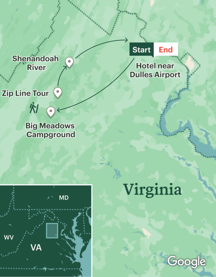 Itinerary map for Shenandoah National Park Adventure