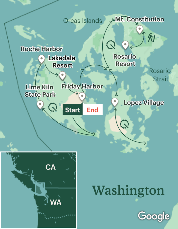 Itinerary map for San Juan Islands Cycling - Lodge Based