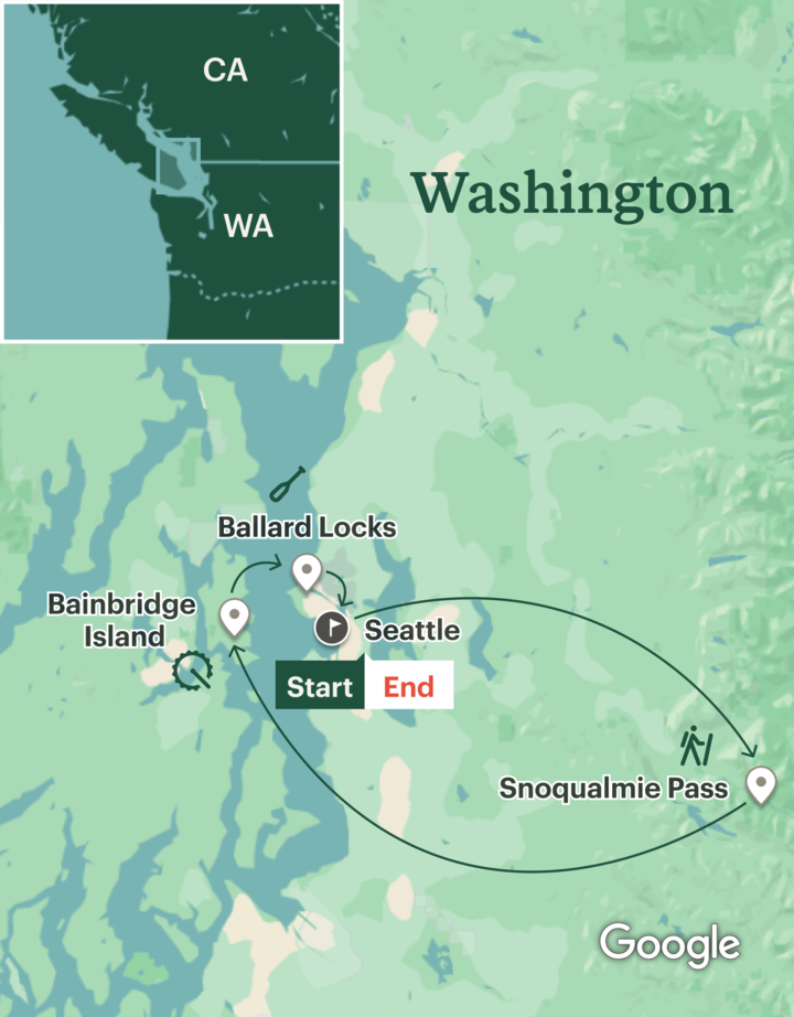 Itinerary map for Seattle Hiking, Cycling and Kayaking Adventure - Lodge Based