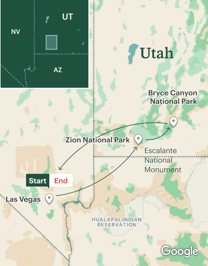 Itinerary map for Zion & Bryce Canyon Hiking - Lodge Based