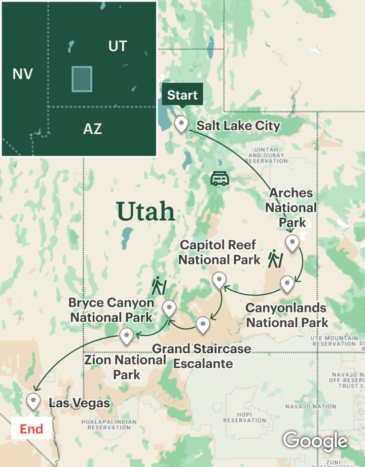 Itinerary map for Utah National Parks Ultimate Adventure