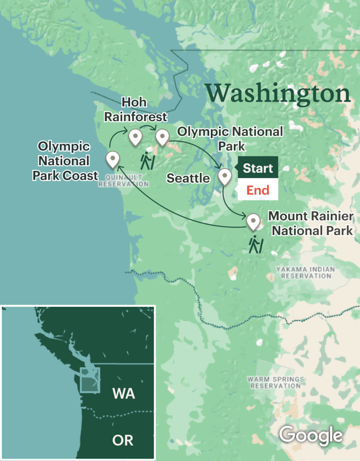 Itinerary map for Washington Hiking - Mount Rainier & Olympic National Park - Lodge Based