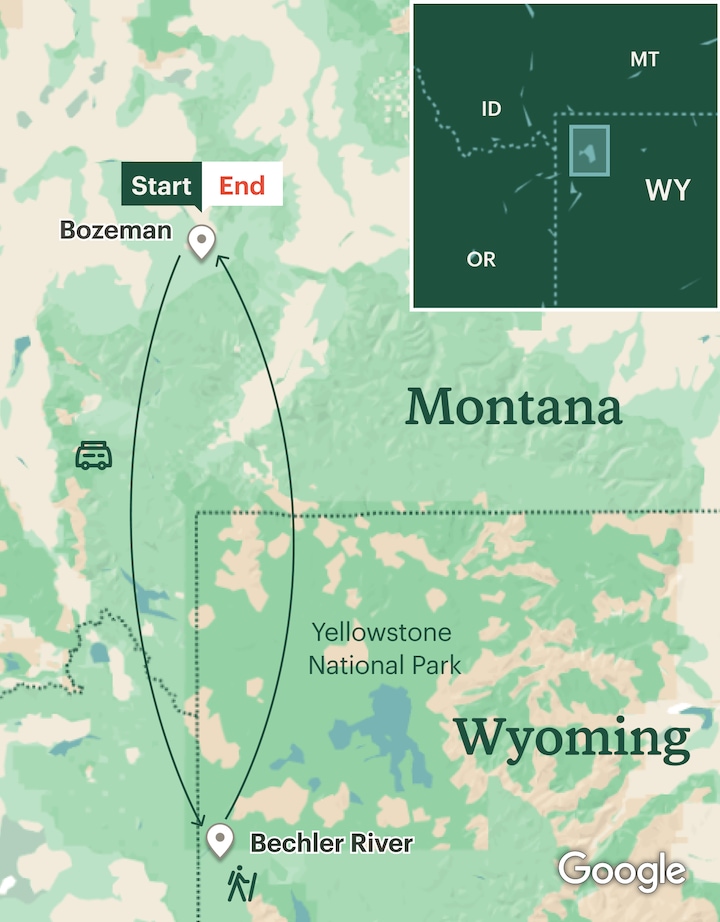 Itinerary map for Yellowstone Women's Backpacking - Bechler River