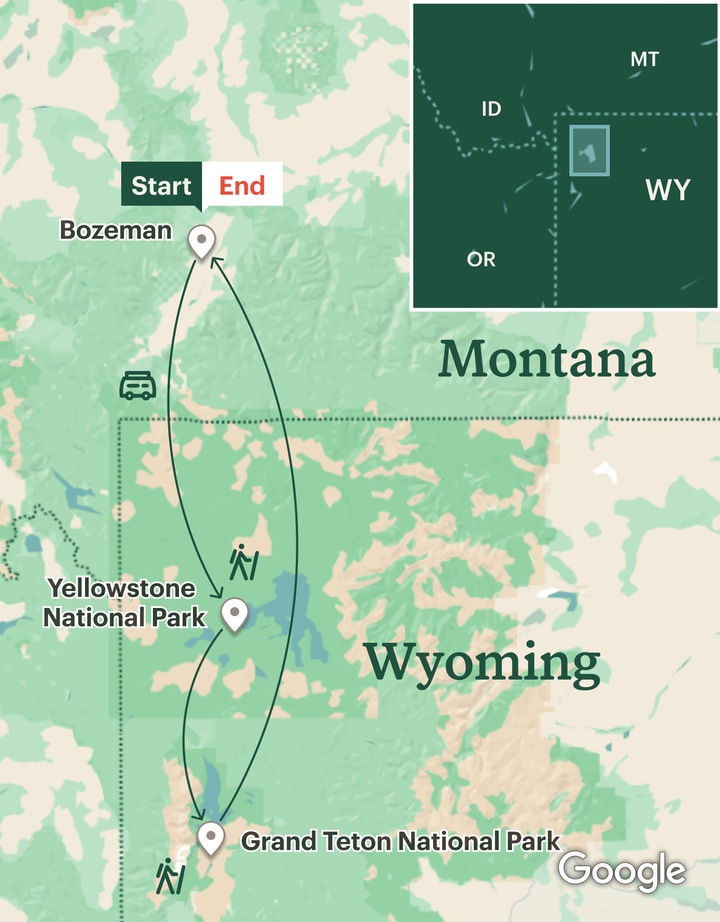 Itinerary map for Yellowstone & Grand Teton Hiking & Camping