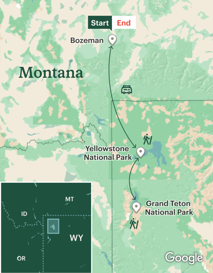 Itinerary map for Yellowstone & Grand Teton Hiking - Lodge Based