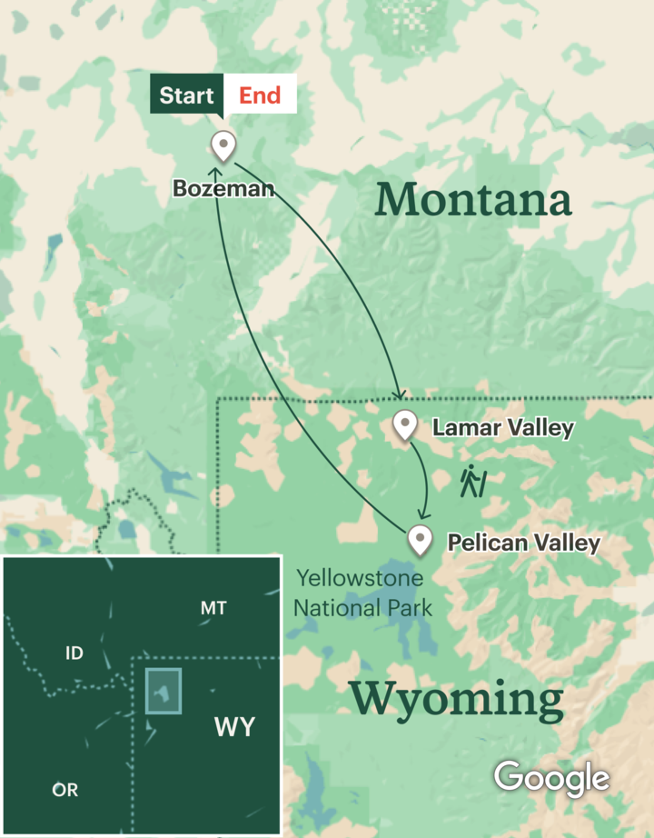 Itinerary map for Yellowstone Backpacking - Lamar Valley to Pelican Valley