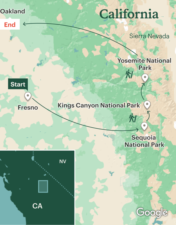 Itinerary map for Yosemite, Sequoia & Kings Canyon Adventure