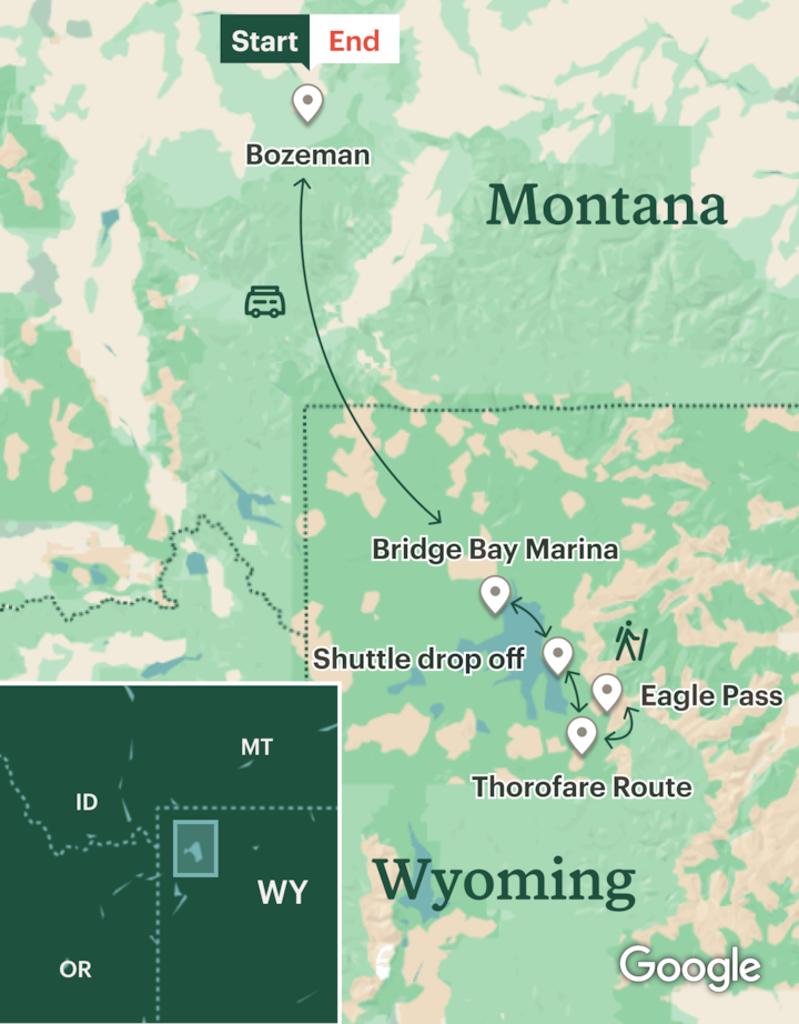 Itinerary map for Yellowstone Backpacking - The Thorofare