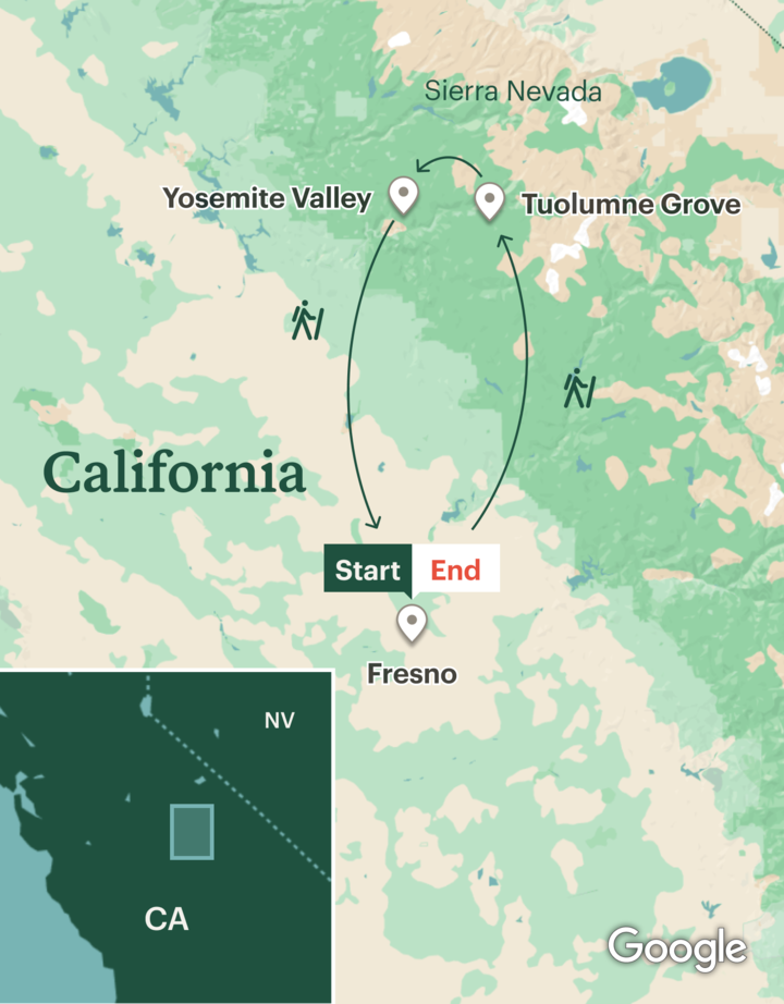 Itinerary map for Yosemite Valley Hiking & Camping