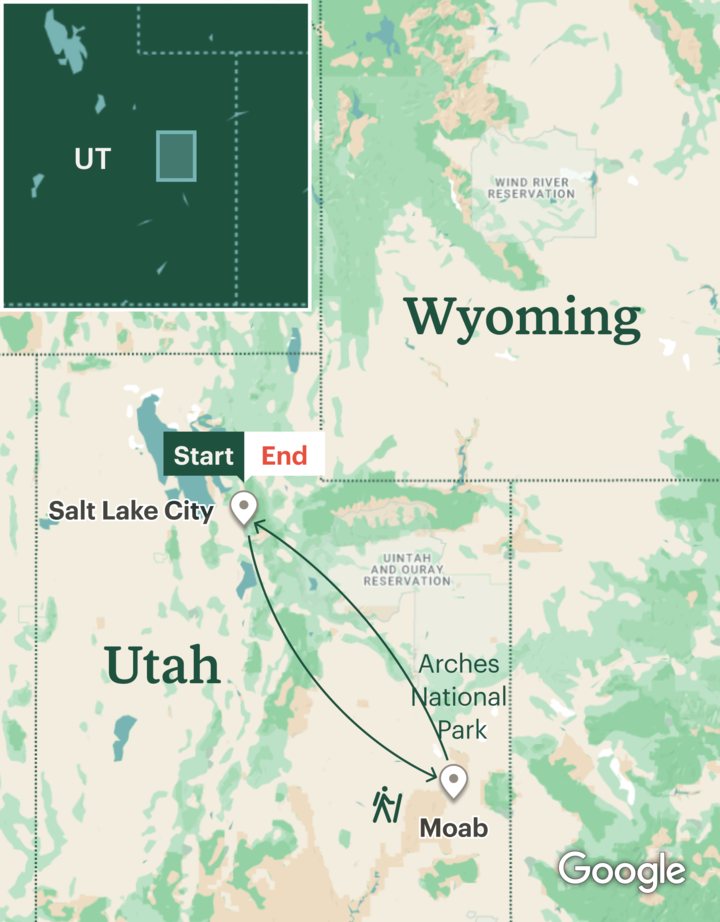 Itinerary map for Arches & Canyonlands Hiking & Camping