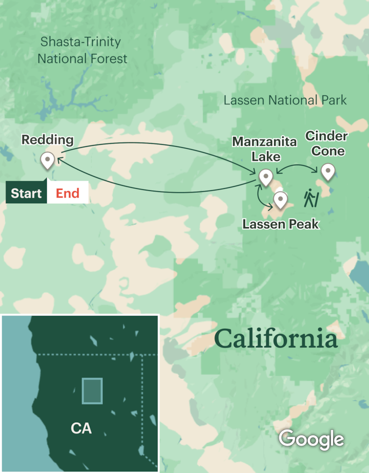 Itinerary map for Lassen Volcanic National Park Backpacking & Summit