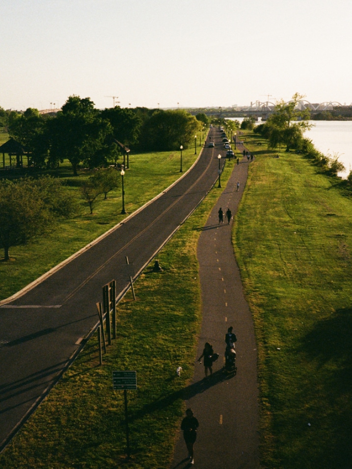 An aerial view of a walking and biking trail