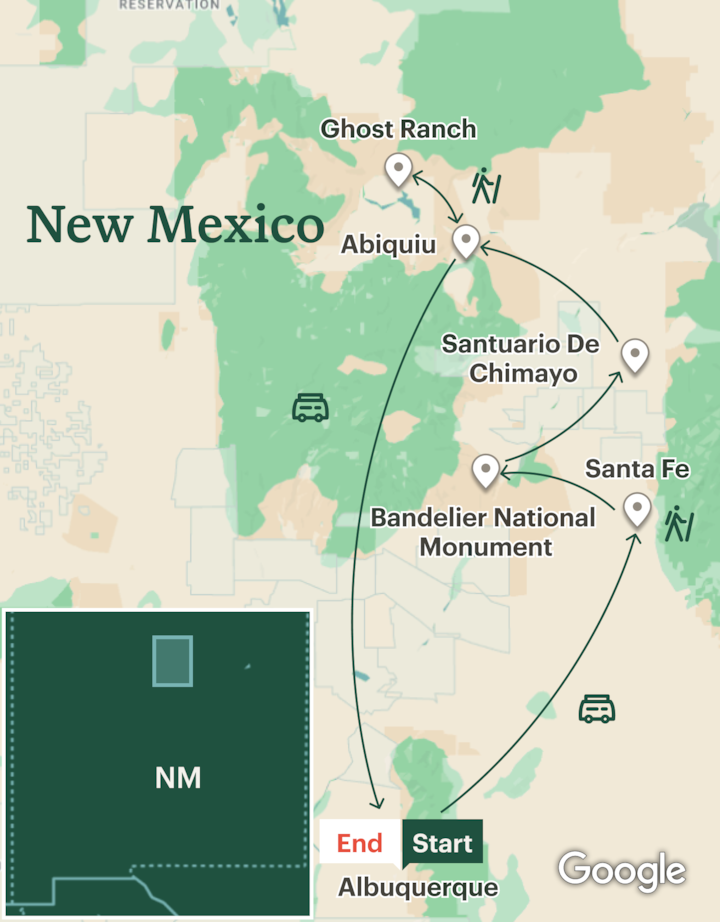 Itinerary map for Santa Fe, New Mexico Women's Hiking Tour - Lodge Based