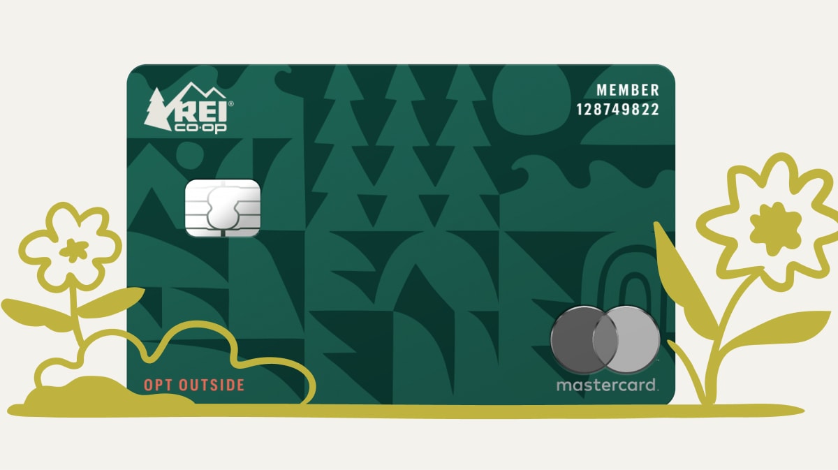 The R E I Co-op Mastercard with flower illustrations.