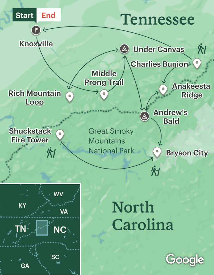 Itinerary map for Great Smoky Mountains Hiking - Luxury Camp & Lodge Based