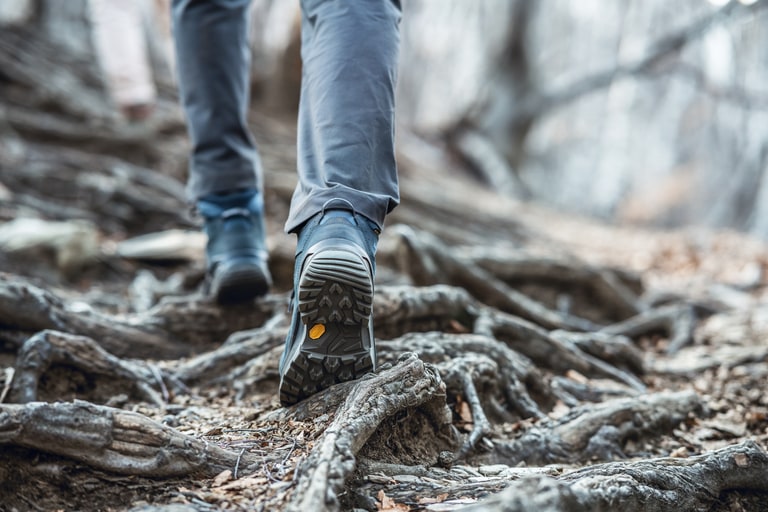 A person walks across a rooty trail.