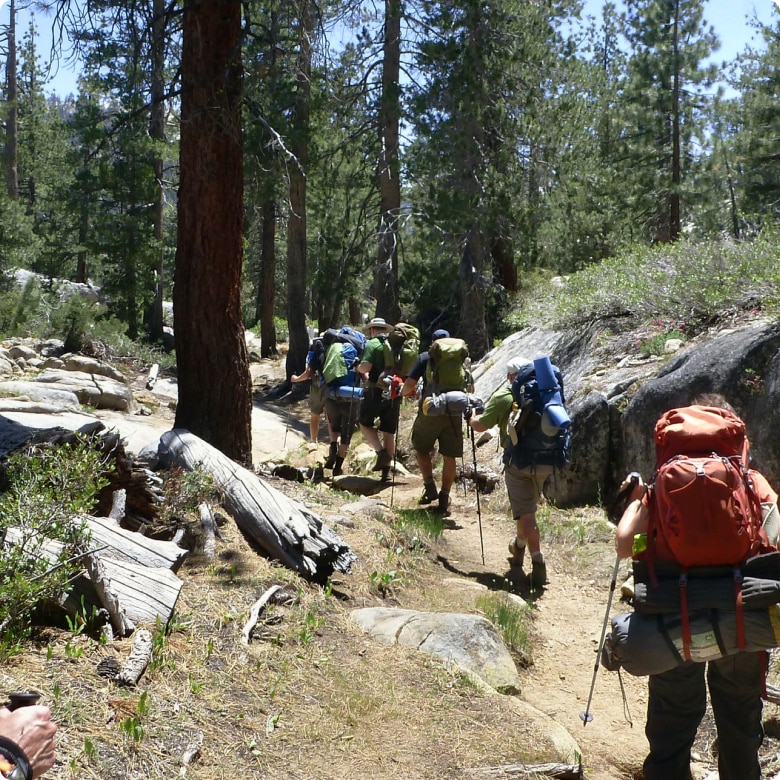 A group of people hiking with their backpacks and hiking sticks.