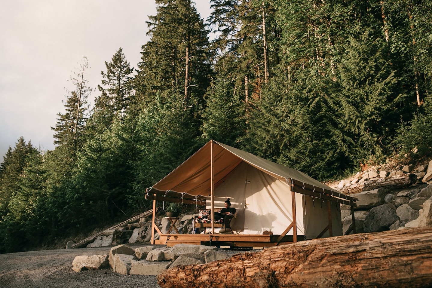 A scenic campsite set up above the sand and with lush greenery behind.