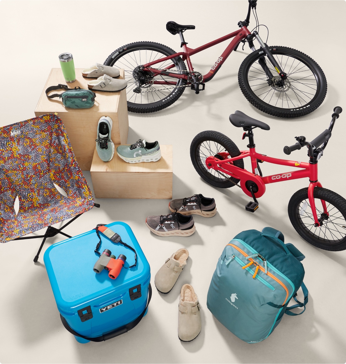 A collection of bikes, packs, shoes, coolers and more.