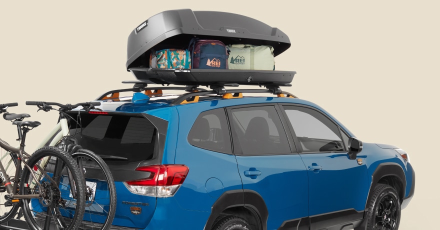 A roof box packed with R E I gear on top of an S U V.