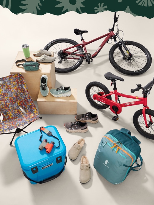 A collage of bikes, shoes and outdoor gear.