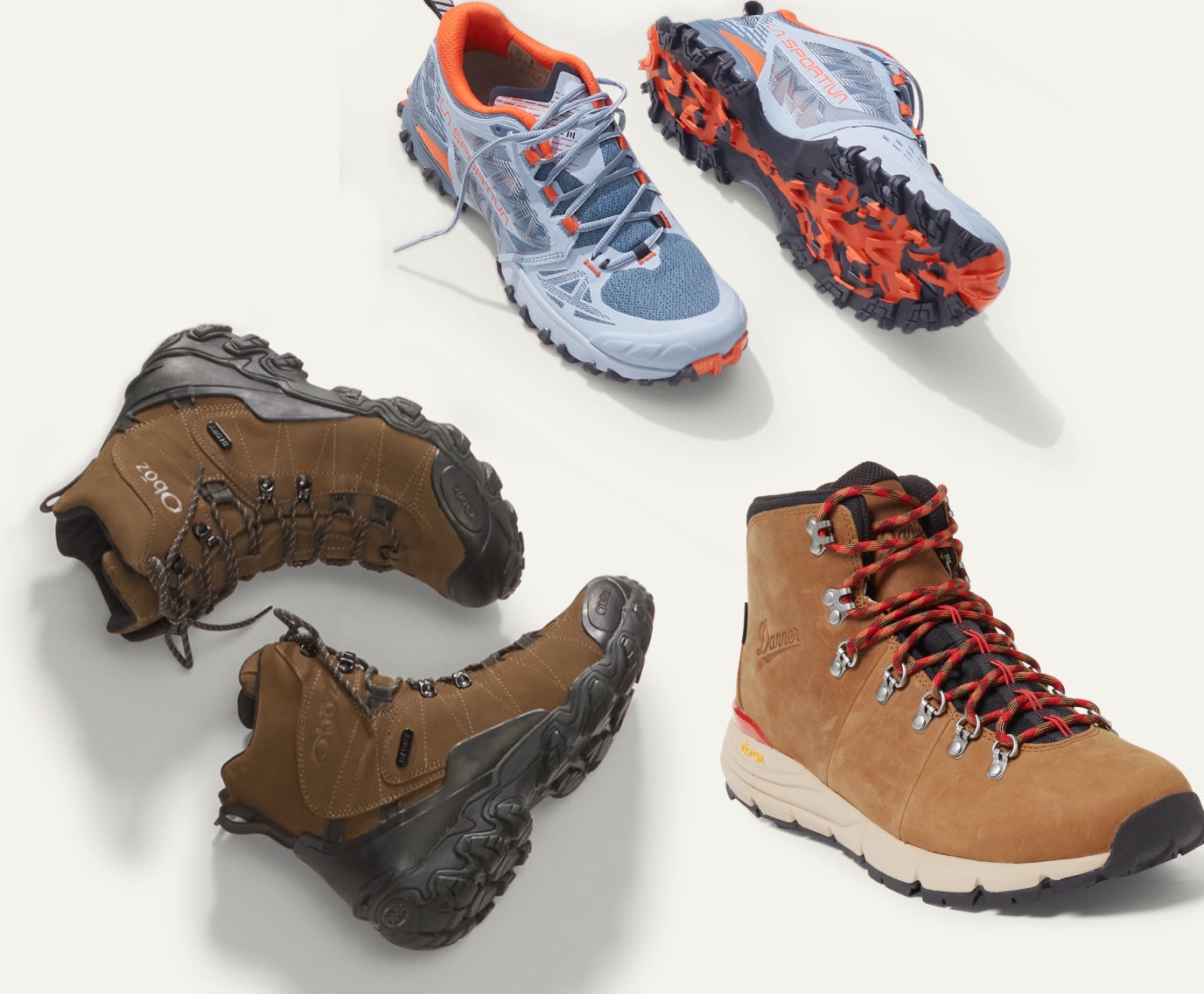 Hiking footwear from Oboz, La Sportiva, and Danner.