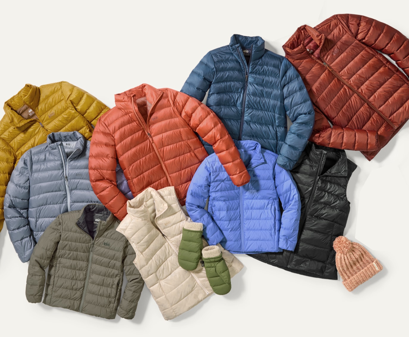 Colorful puffer jackets from top brands.