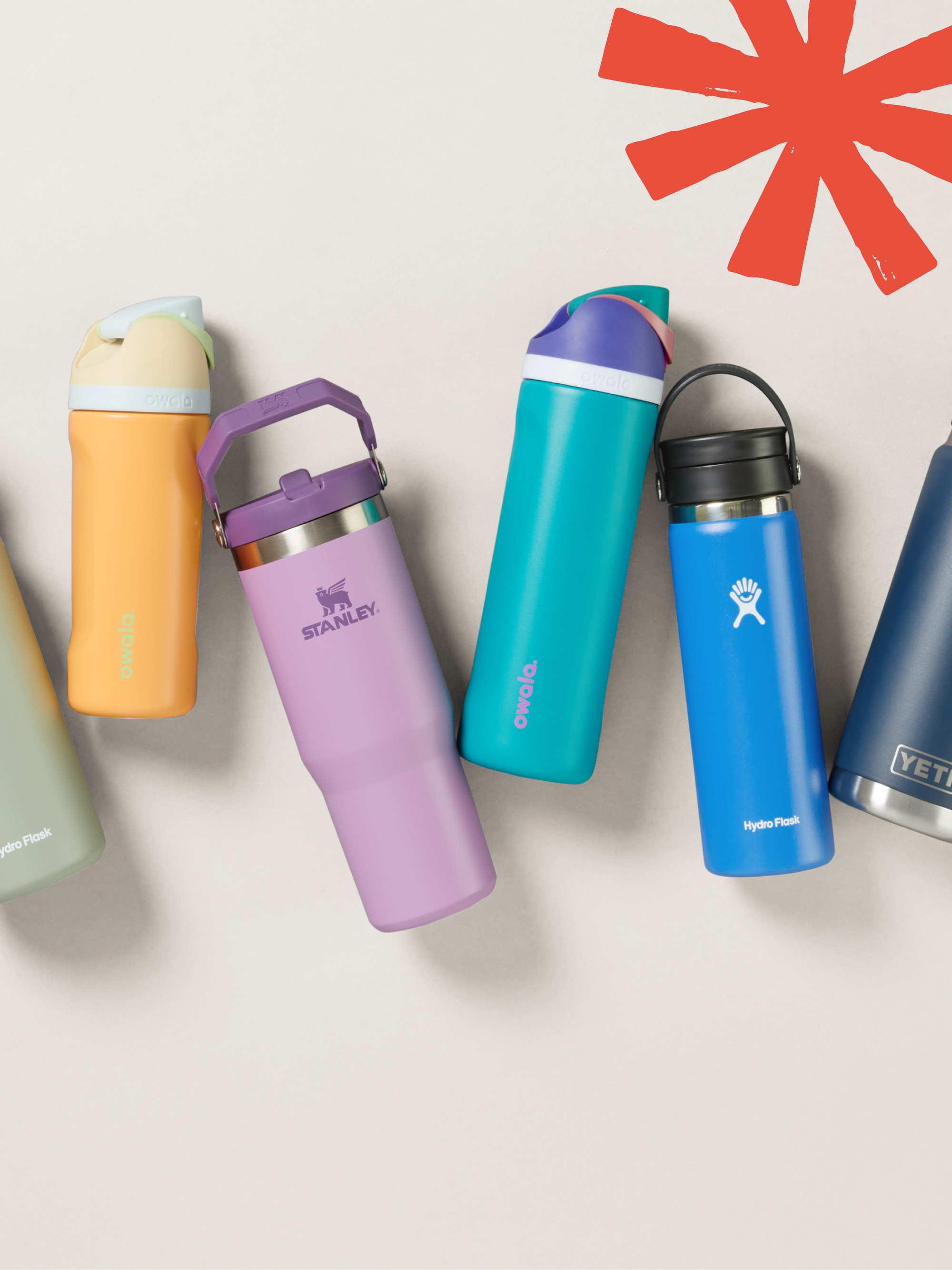 Water bottles from Stanley, Hydro Flask, YETI, Owala, and more.