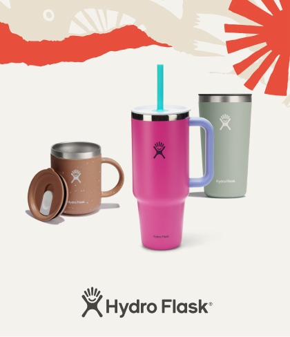 Hydro Flask mug and tumblers in various colors.