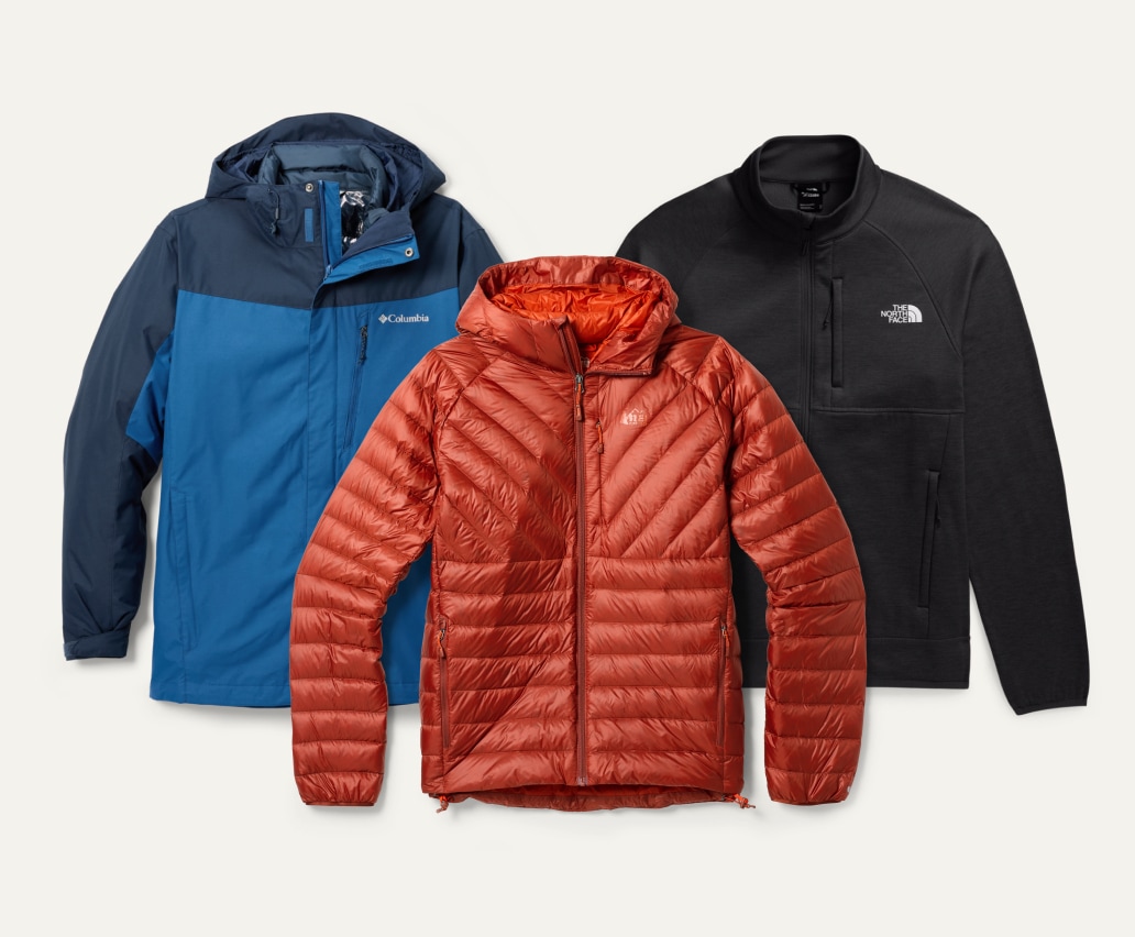 Jackets from R E I Co-op, The North Face, and Columbia.