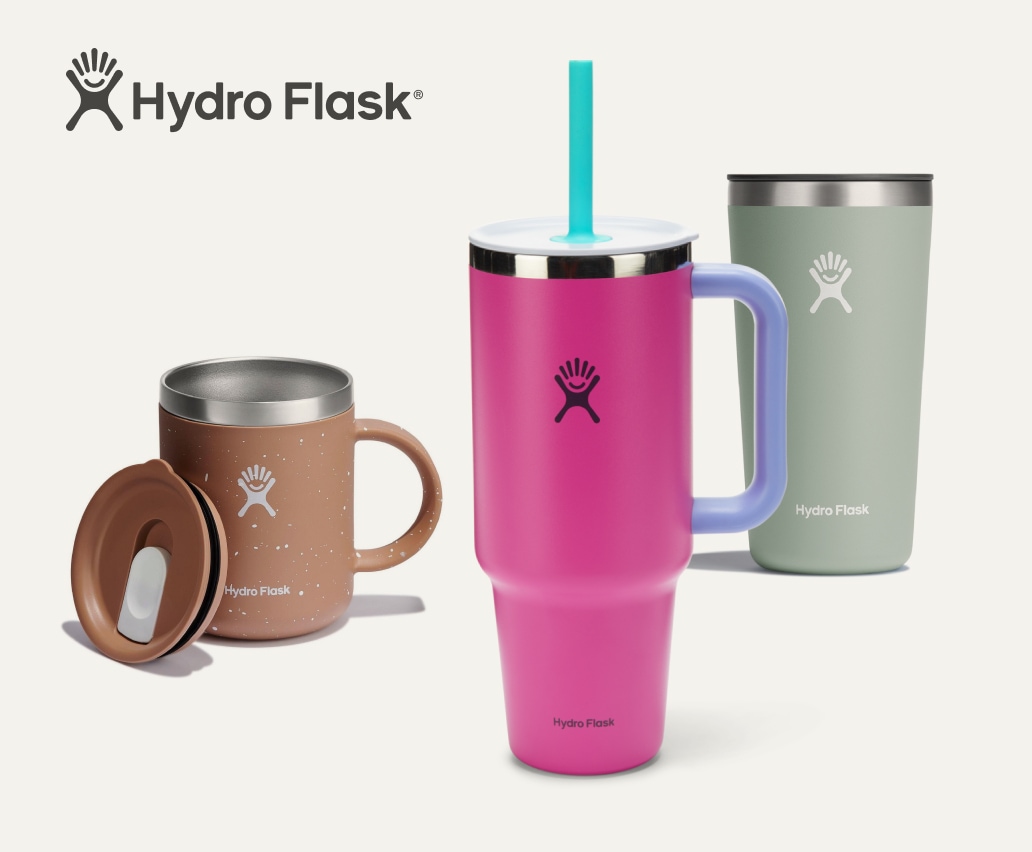 Hydro Flask mug and tumblers in various colors.